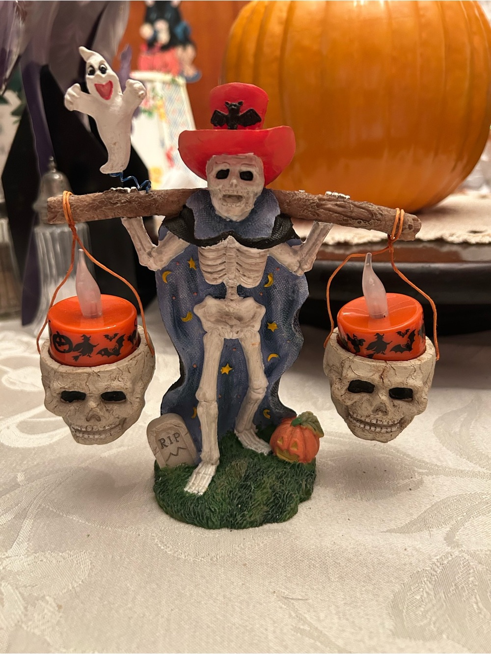 Vintage 90s Halloween skeleton with tea light candle holder